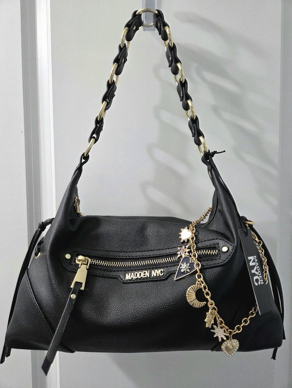 Steve Madden NYC Black Grommet Chain-Accent Shoulder Bag, NWT w/Bag Charm